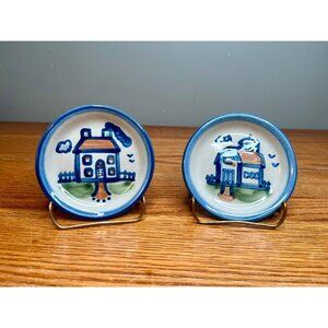 Set of 2 MA  Hadley Signed Art Pottery Country Scene Blue House and Barn/  4 in